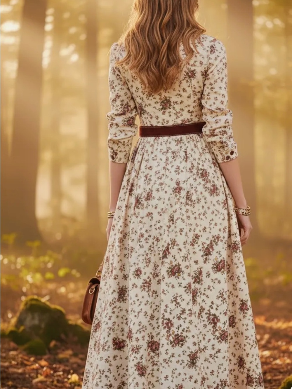 Cream Floral Long-Sleeve Midi Dress with Burgundy Belt - Picture 2 of 4